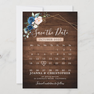 Save The Date Mariage géométrique en bois rustique bleu marine