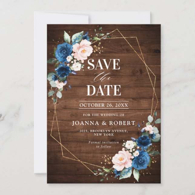 Save The Date Mariage géométrique en bois rustique bleu marine r (Devant)