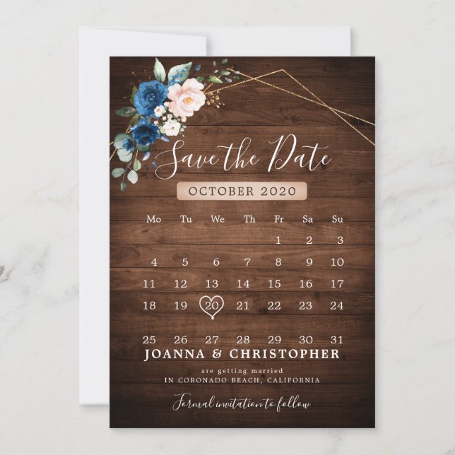 Save The Date Mariage géométrique en bois rustique bleu marine r (Devant)