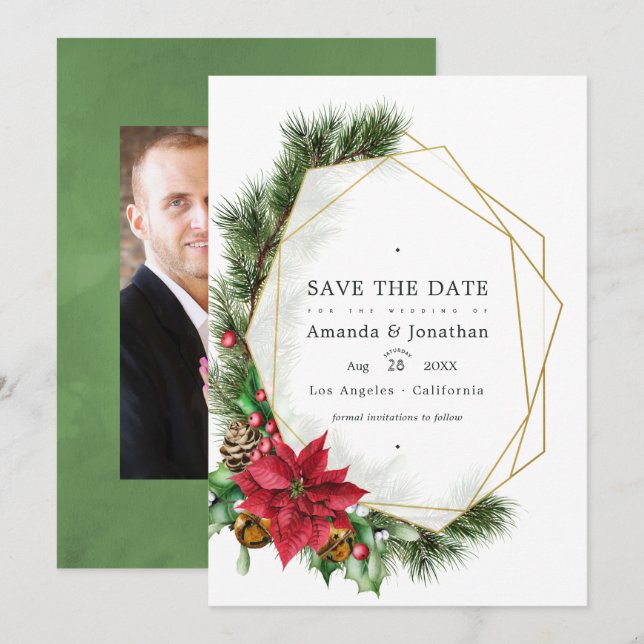 Save The Date Mariage géométrique floral à l'aquarelle de Noël (Devant / Derrière)