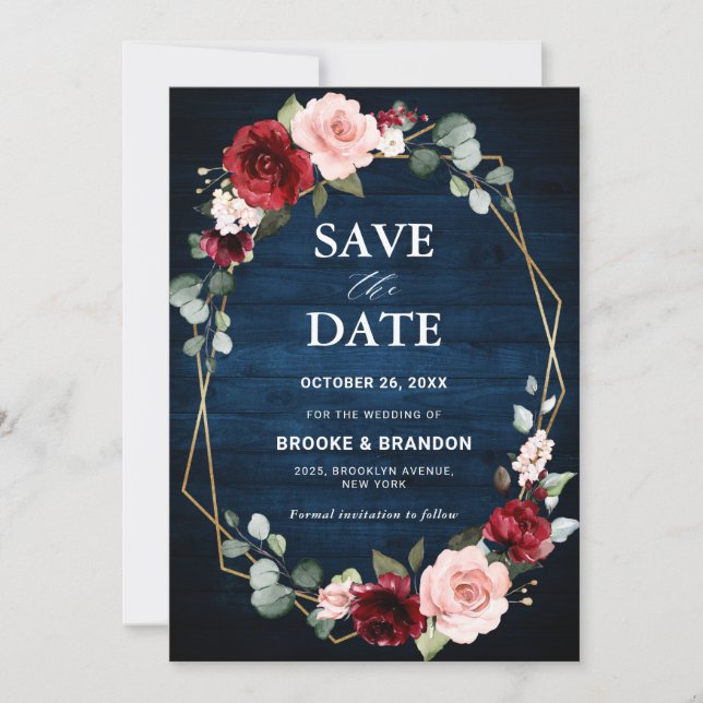 Save The Date Mariage géométrique moderne floral rouge bordeaux (Devant)