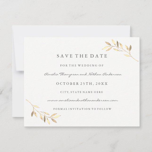 Save The Date Mariage Golden Leaf Moderne Sauvez La Date (Devant)