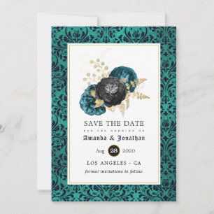 Save The Date Mariage gothique floral sarcelle, noir et or