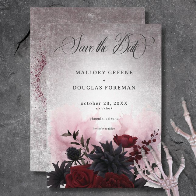 Save The Date Mariage gothique noir et bordeaux crâne et araigné (Gothic Black & Burgundy Skull & Spider Wedding Save The Date Card)