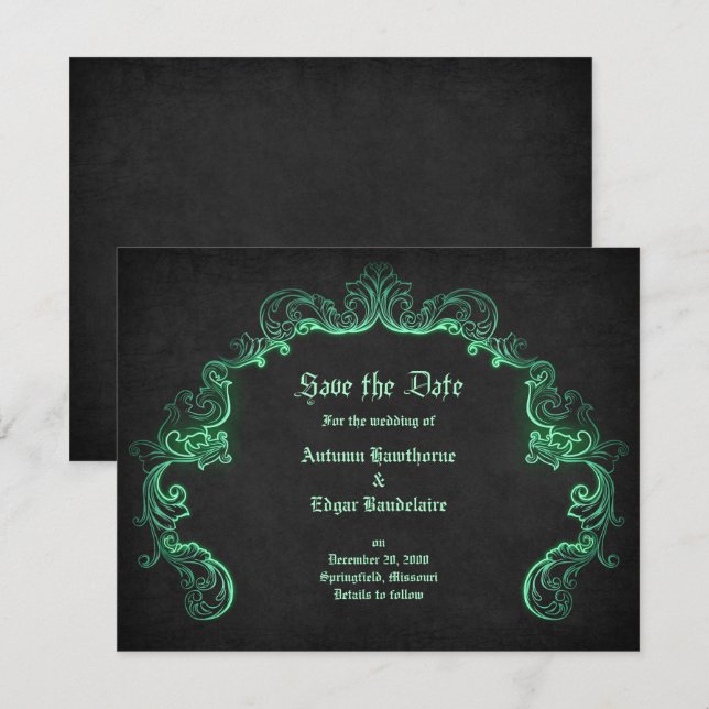 Save The Date Mariage gothique noir vert (Devant / Derrière)