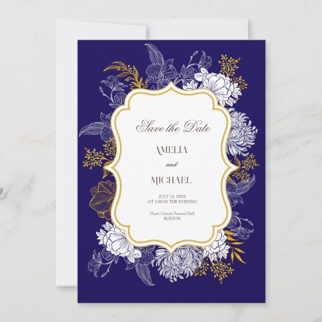 Save The Date Mariage graphique Blue Gold Botany (Devant)