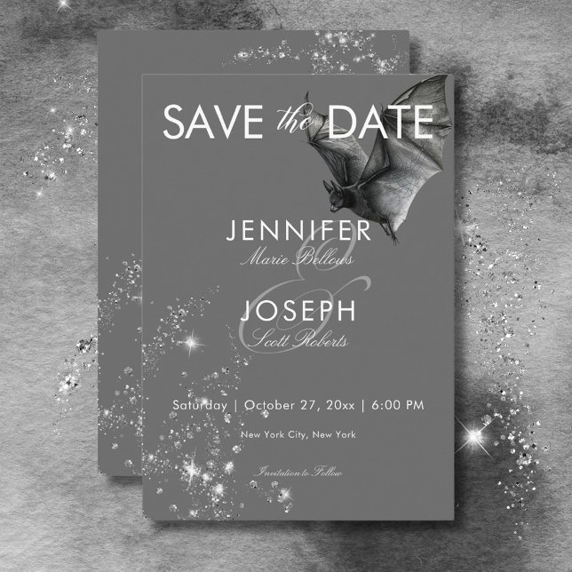 Save The Date Mariage Halloween noir chauve-souris et diamants (Dark Halloween Glam Bat & Diamonds Wedding Save The Date)