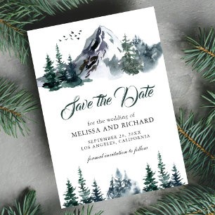 Save The Date Mariage hivernal en forêt de montagne à l'aquarell