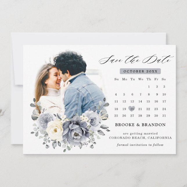 Save The Date Mariage hivernal floral gris argent et ivoire rust (Devant)