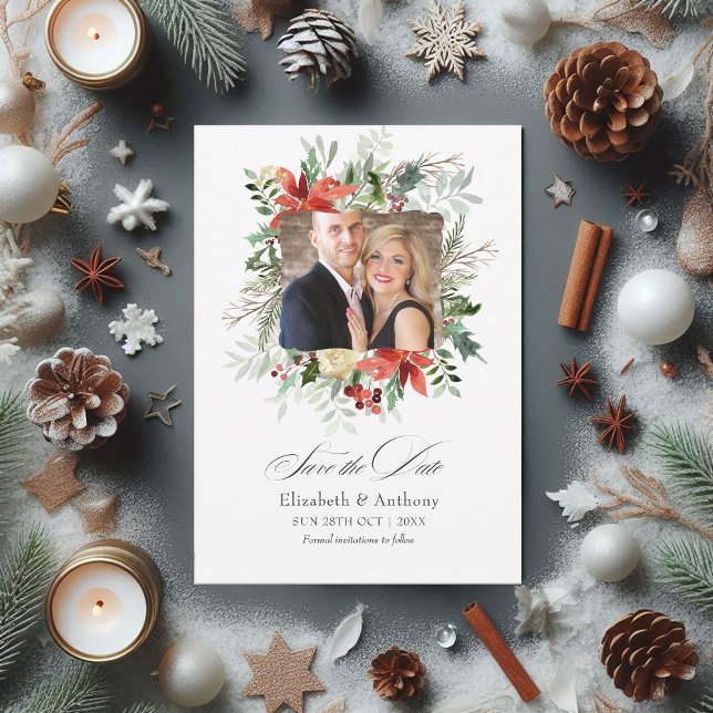 Save The Date Mariage hivernal magique avec pin rustique enneigé (Snowy Rustic Pine and Spruce Winter Wedding Magic Save The Date)