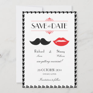 Save The Date Mariage Houndstooth Rouge, Noir & Moustache et Lèv
