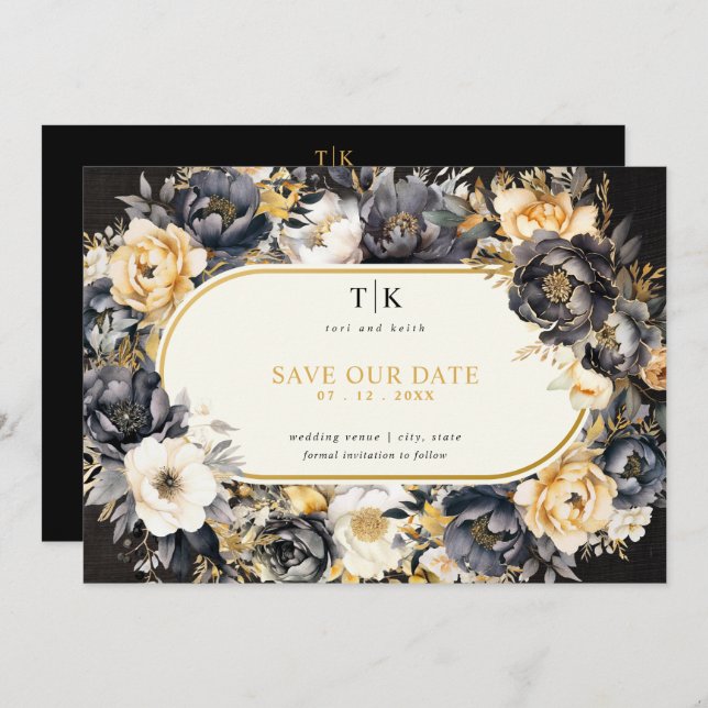 Save The Date Mariage humeur noir et blanc or (Devant / Derrière)
