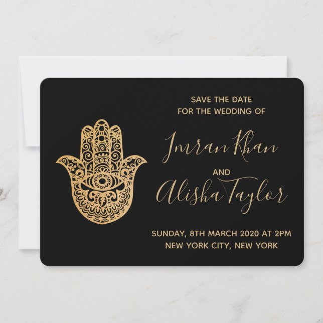 Save The Date Mariage indien Enregistrer la date Gold hamsa Henn (Devant)