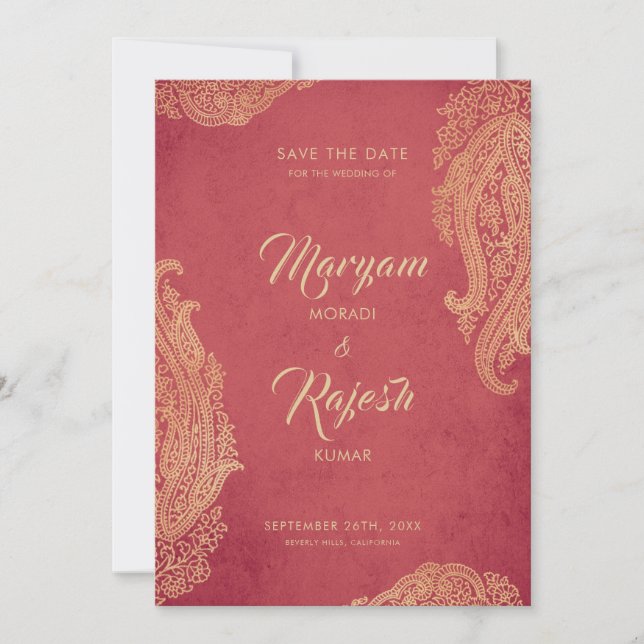 Save The Date Mariage Indien, Enregistrer La Date, Rouge, Or, Me (Devant)