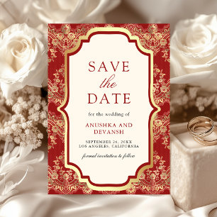 Save The Date Mariage indien Red Gold Lace