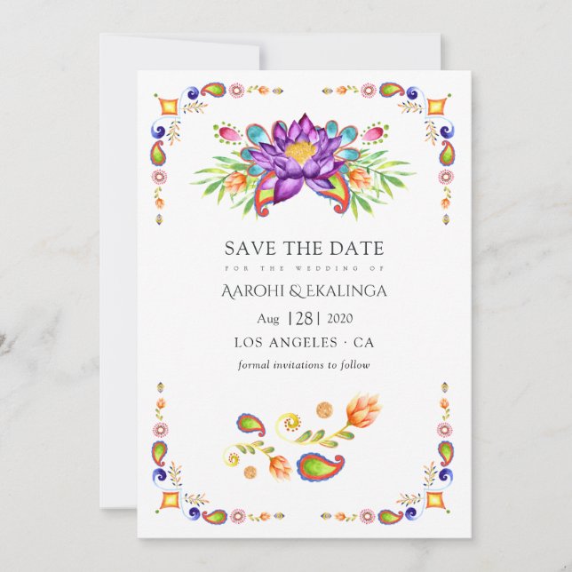 Save The Date Mariage indien tendance Floral Paisley (Devant)