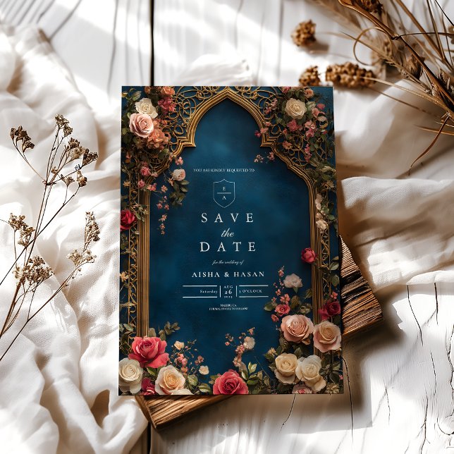 Save The Date Mariage Islamique Fleur Bleu Marine (Créateur téléchargé)