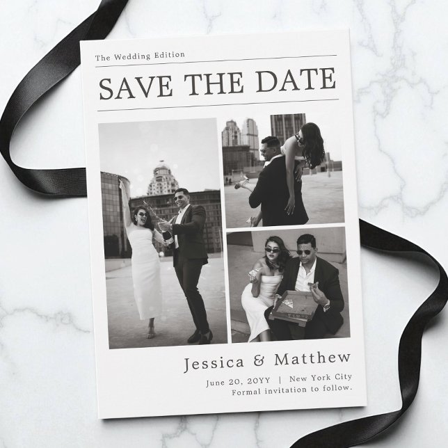 Save The Date Mariage Journal Collage Photo Noir et Blanc (Black and White Photo Collage Newspaper Wedding Save The Date)