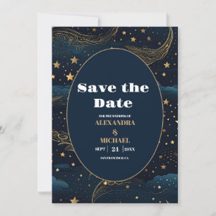 Save The Date Mariage Lune Croissante Céleste Or