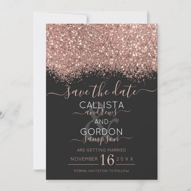 Save The Date Mariage Luxe Rose Gold Pailleté Noir Confettis (Devant)