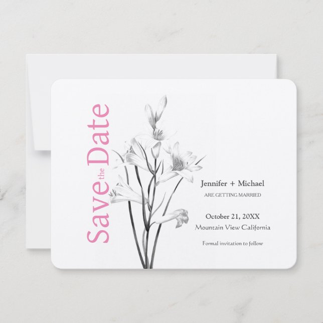 Save The Date Mariage mariage Calligraphie Floral noir blanc (Devant)