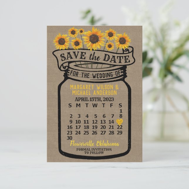 Save The Date Mariage Mason Jar Sunflowers Avril 2023 Calendrier (Debout devant)