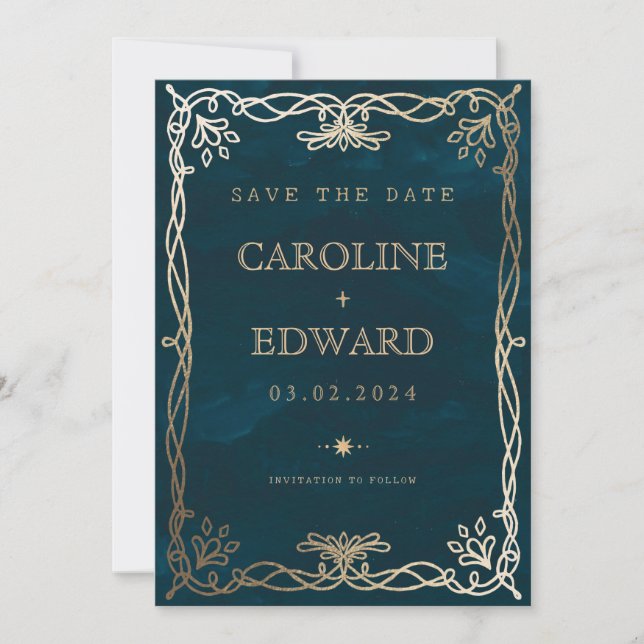 Save The Date Mariage médiéval d'Indigo Gold Ivy (Devant)