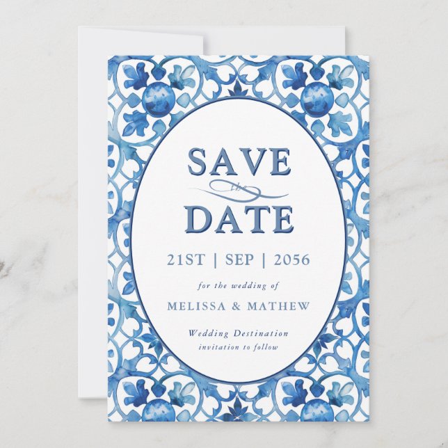 Save The Date Mariage méditerranéen bleu moderne (Devant)