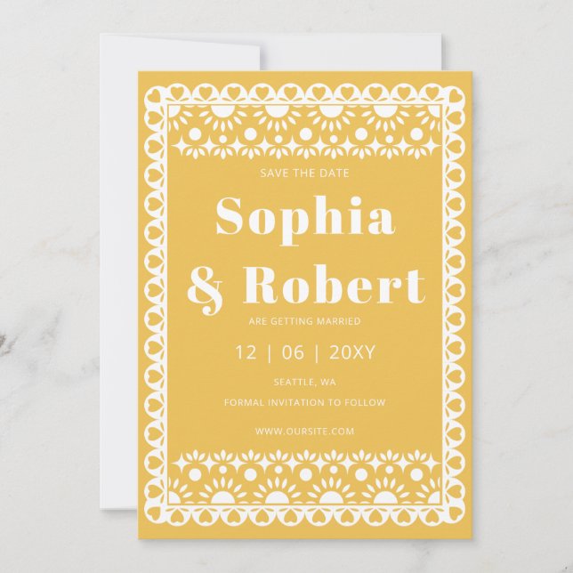 Save The Date Mariage mexicain Fiesta Yellow Papel Picado Boho (Devant)
