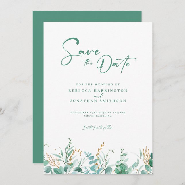 Save The Date Mariage minimal Eucalyptus Or Enregistrer La Date (Devant / Derrière)