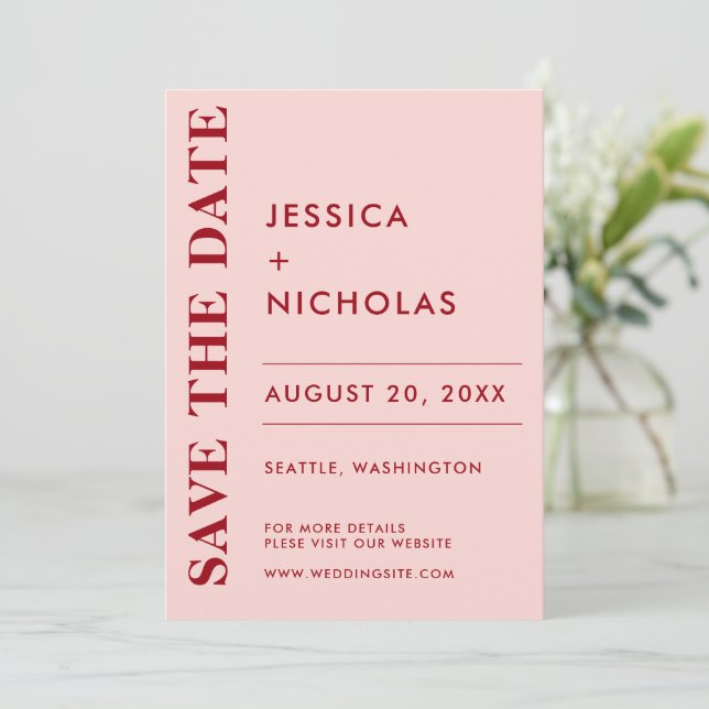 Save The Date Mariage minimal moderne rose et rouge élégant (Debout devant)