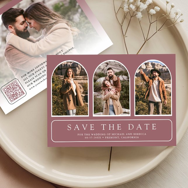 Save The Date Mariage minimaliste à code QR de photo d'arche Ros (Créateur téléchargé)