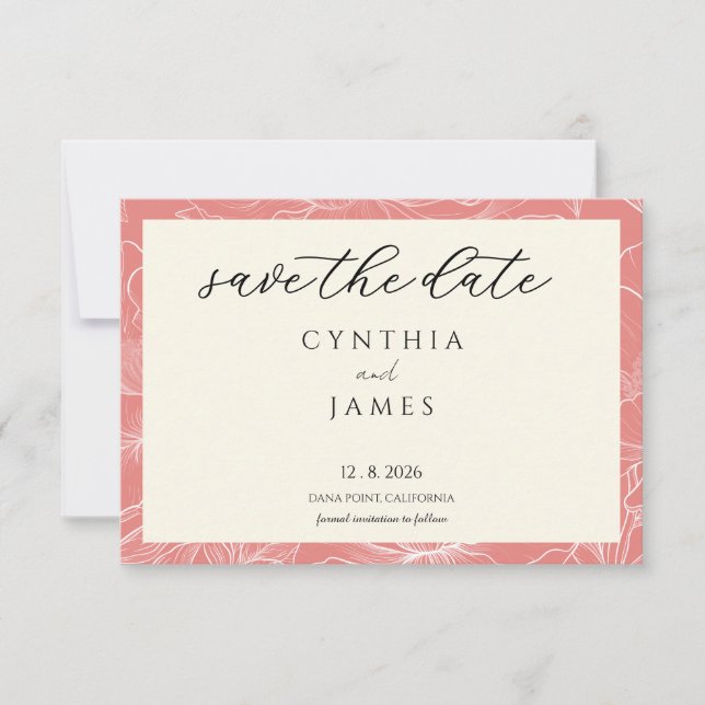 Save The Date Mariage Minimaliste Botanique Corail Rose  (Devant)