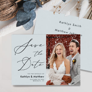 Save The Date Mariage minimaliste de script élégant bleu poussié