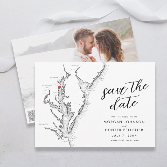 Save The Date Mariage minimaliste moderne à Annapolis sur la bai (Modern Annapolis Maryland Save the Date with photo and QR code in minimalist black and white)