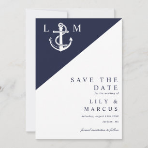 Save The Date Mariage minimaliste monogramme bleu marine nautiqu