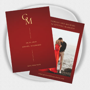 Save The Date Mariage minimaliste Monogramme doré Rouge foncé Él