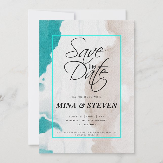 Save The Date Mariage Minimaliste Vert Plage Océane d'Été (Devant)