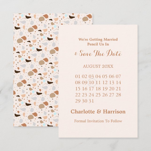 Save The Date Mariage Moderne Abstrait Terreux en Terrazzo (Devant / Derrière)
