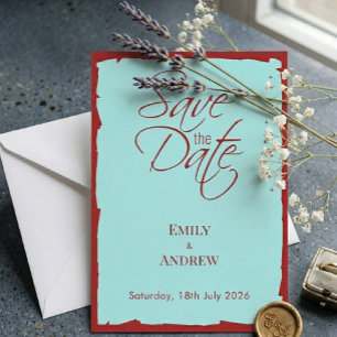 Save The Date Mariage Moderne Aqua Sarcelle et Rouge Profond