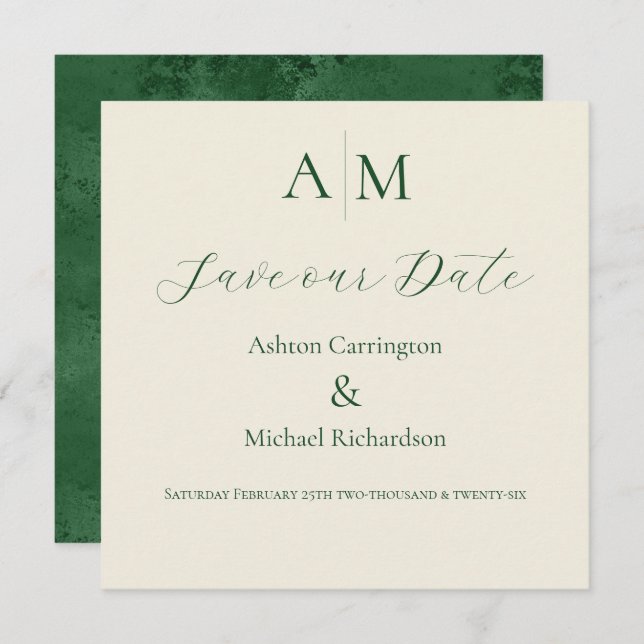 Save The Date Mariage moderne au monogramme vert (Devant / Derrière)