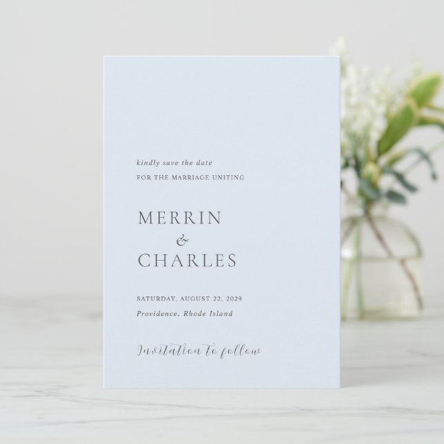 Save The Date Mariage Moderne au Poudre Bleu Élégant (Debout devant)