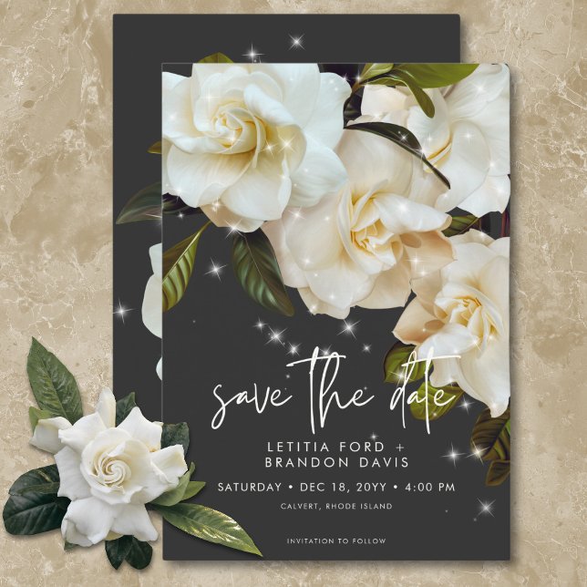 Save The Date Mariage Moderne avec Gardenias Blancs sur Fond Noi (Modern White Gardenias on Black Sparkle Wedding Save The Date)