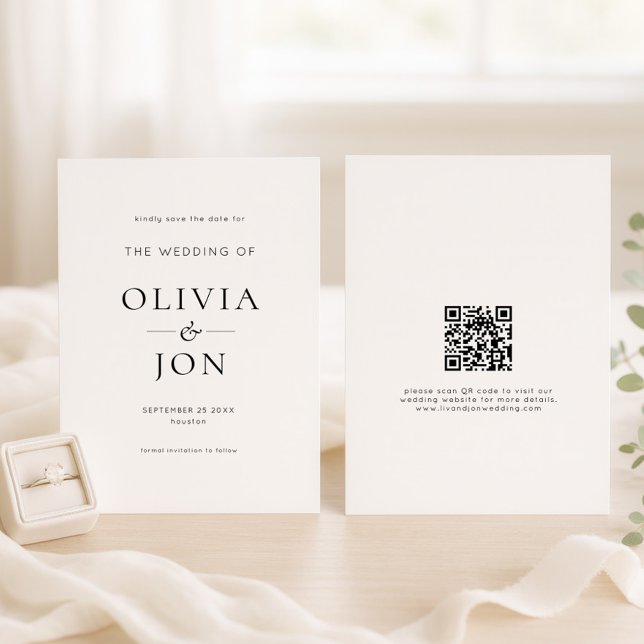 Save The Date Mariage moderne avec QR code noir et blanc (front and back view)