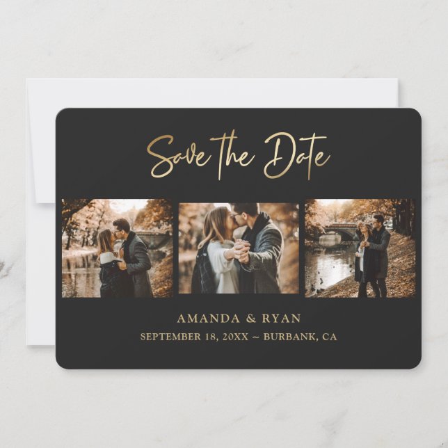 Save The Date Mariage moderne Black et Gold Foil 3 Photo (Devant)