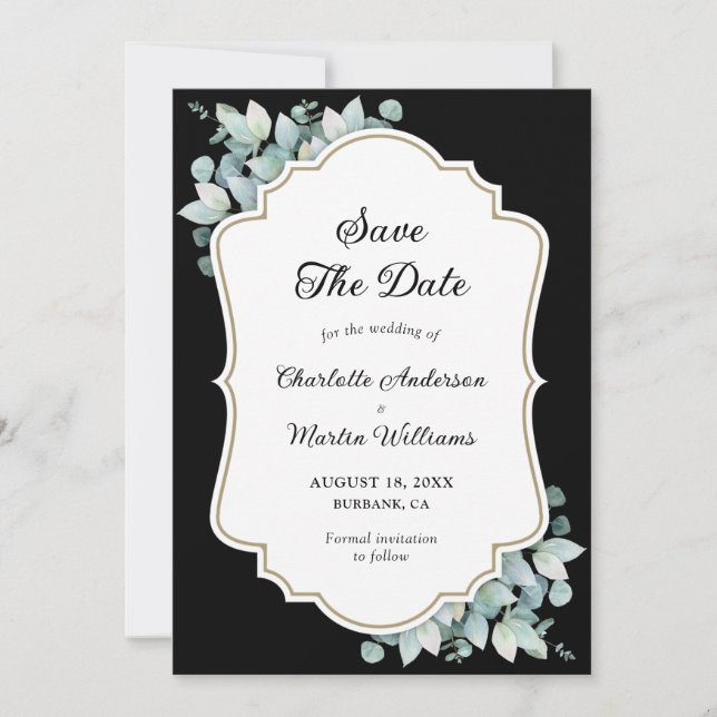 Save The Date Mariage moderne Black Eucalyptus Vert (Devant)