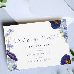 Save The Date Mariage Moderne Bleu aux Fleurs Sauvages