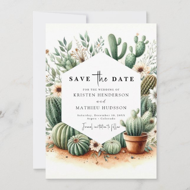 Save The Date Mariage moderne Boho Cactus (Devant)