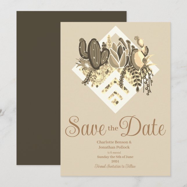 Save The Date Mariage moderne Cactus & Succulents (Devant / Derrière)