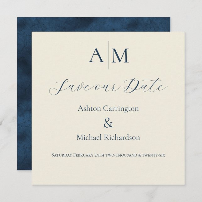 Save The Date Mariage Moderne Ecru Bleu Monogrammé  (Devant / Derrière)